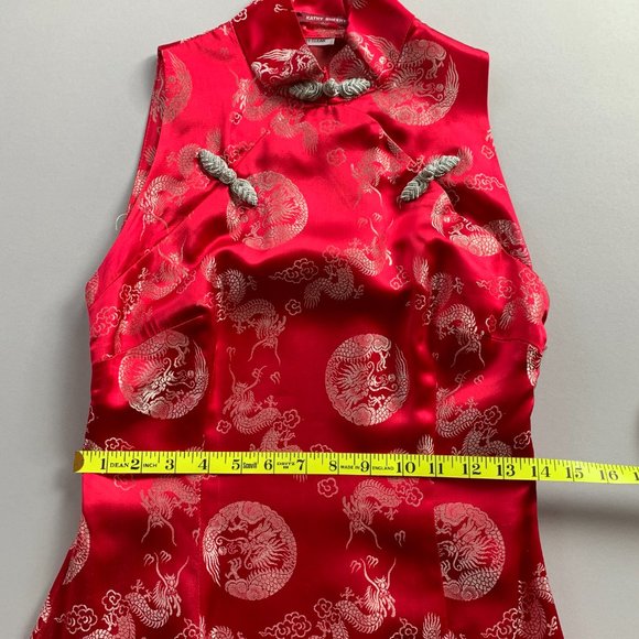 Red Silk Sleeveless Cheongsam Qipao Dress with Silver Dragon Jacquard Pattern - Picture 8 of 14
